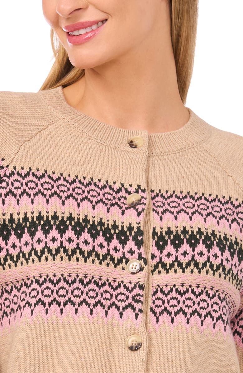 CeCe Fair Isle Stripe Cardigan, Alternate, color, Biscuit Heather