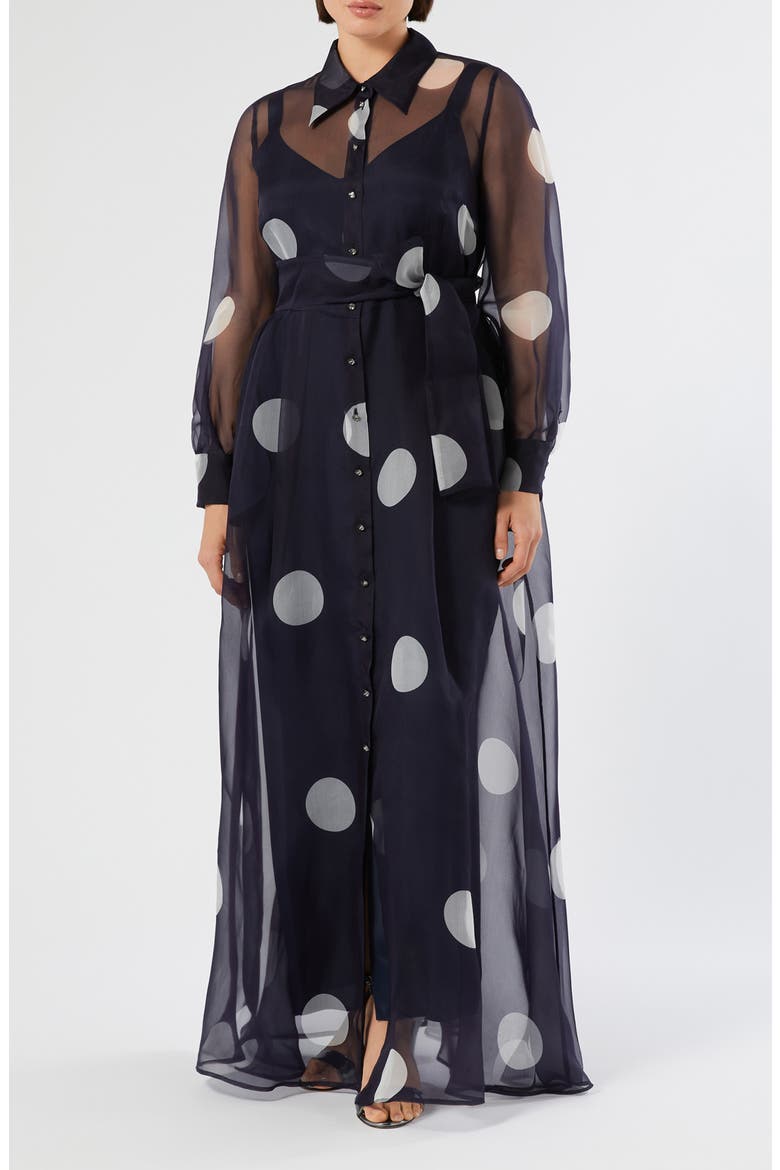 Edurata Polka Dot Long Sleeve Silk Organza Maxi Shirtdress, Main, color, ULTRAMARINE