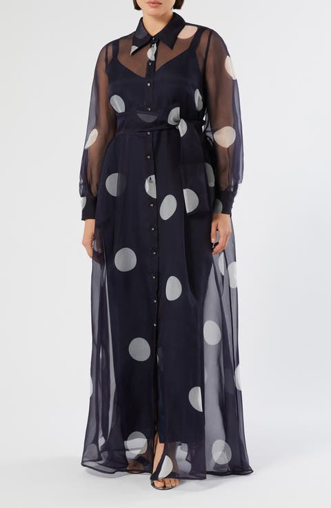 Edurata Polka Dot Long Sleeve Silk Organza Maxi Shirtdress (Plus)