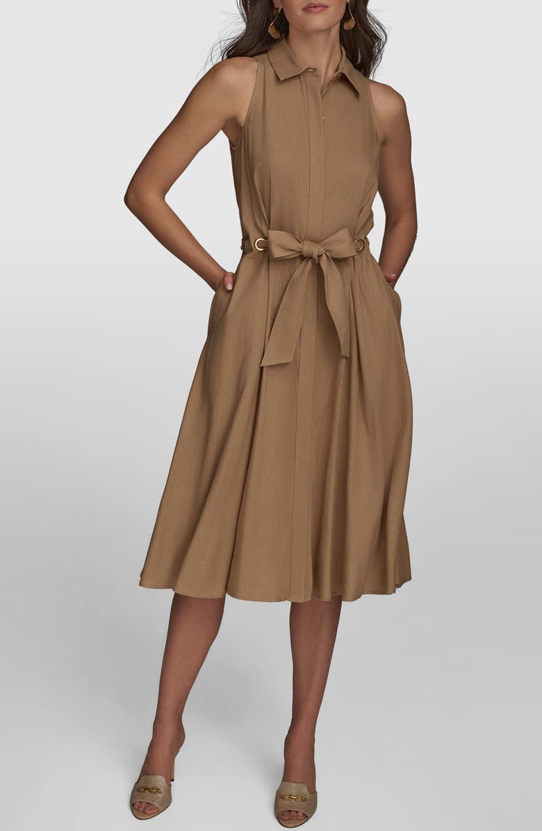 Donna Karan New York Sleeveless Linen Blend Shirtdress, Main, color, Fawn