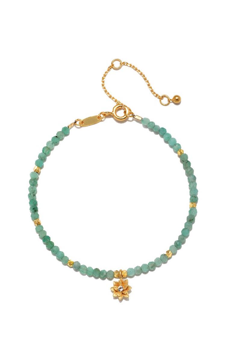 Satya Jewelry Emerald Lotus May Birthstone Bracelet, Main, color, Green
