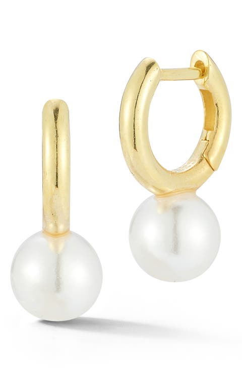 14K Gold Plated Sterling Silver 7.5–8mm Cultured Pearl Huggie Hoop Earrings
