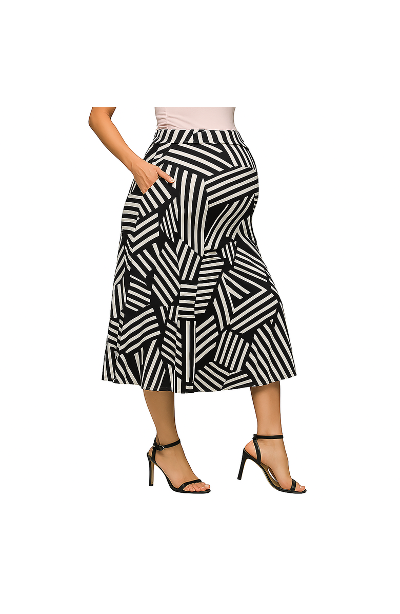 24seven Comfort Apparel Maternity Black Geometric Print Elastic Waist Pocket Midi Skirt, Alternate, color, Black Multi