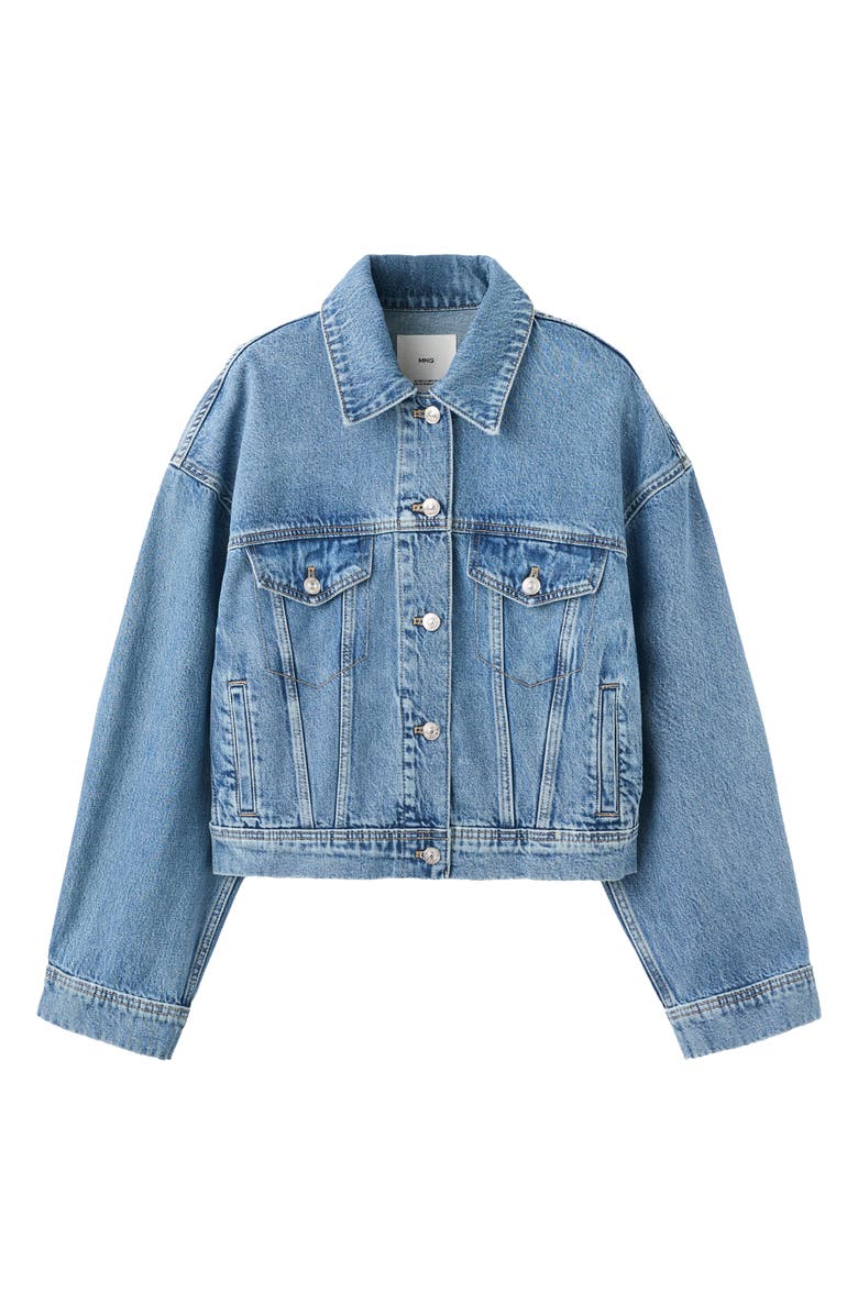 MANGO Oversize Crop Denim Jacket, Alternate, color, Medium Blue
