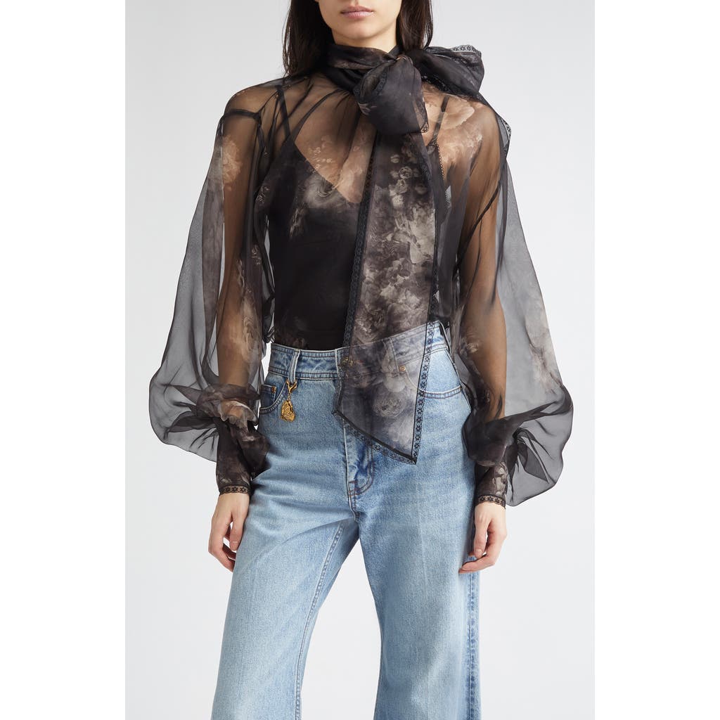 Zimmermann Hypnotic Floral Silk Organza Blouse In Black