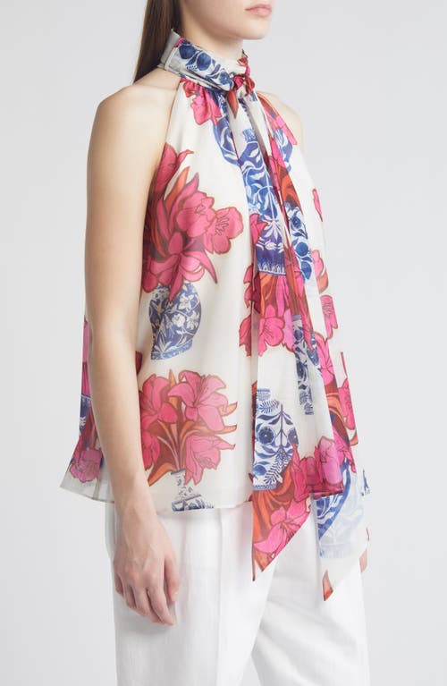 Ted Baker Akaki Organza Printed Tie Neck Top In Ivory
