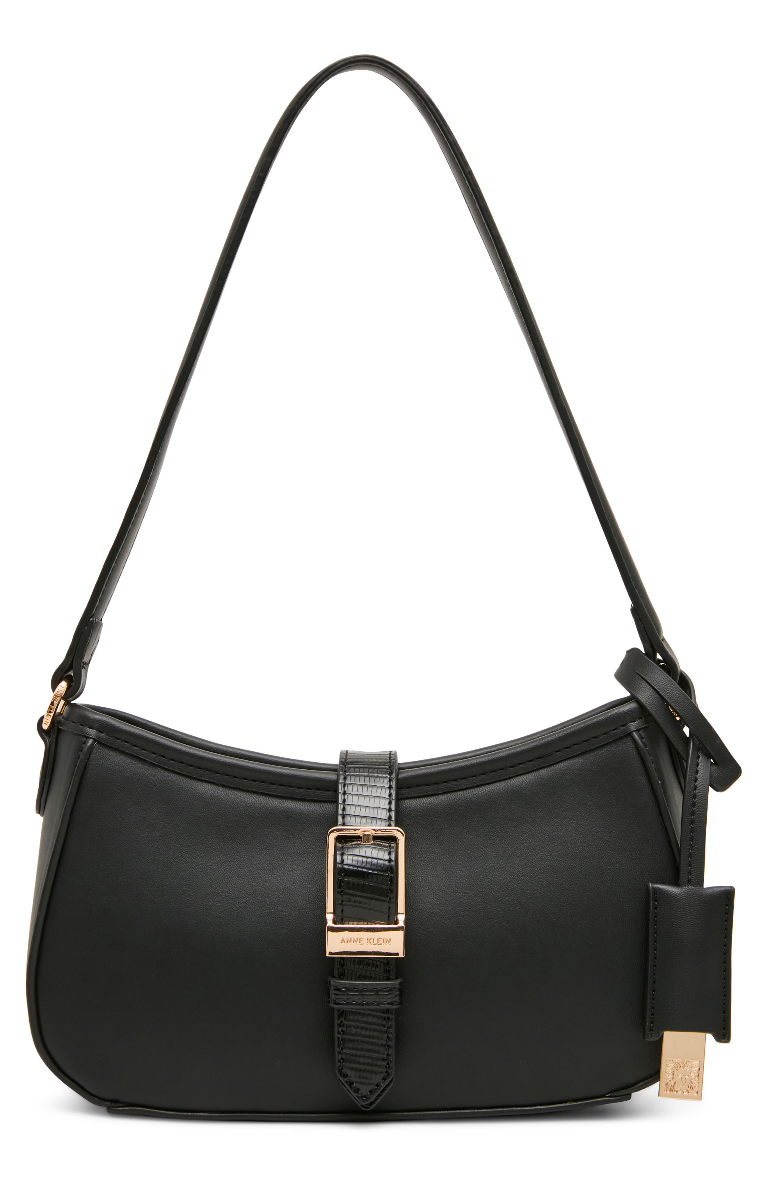 Buckle Faux Leather Shoulder Bag, Main, color, BLACK/ BLACK