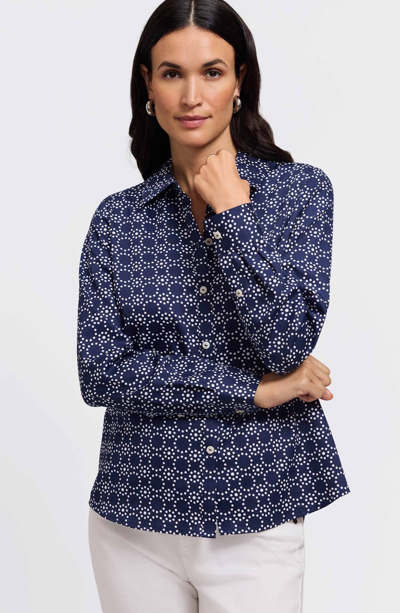 Foxcroft Hampton Geo Print Cotton Button-Up Shirt, Alternate, color, Navy Blue/ White