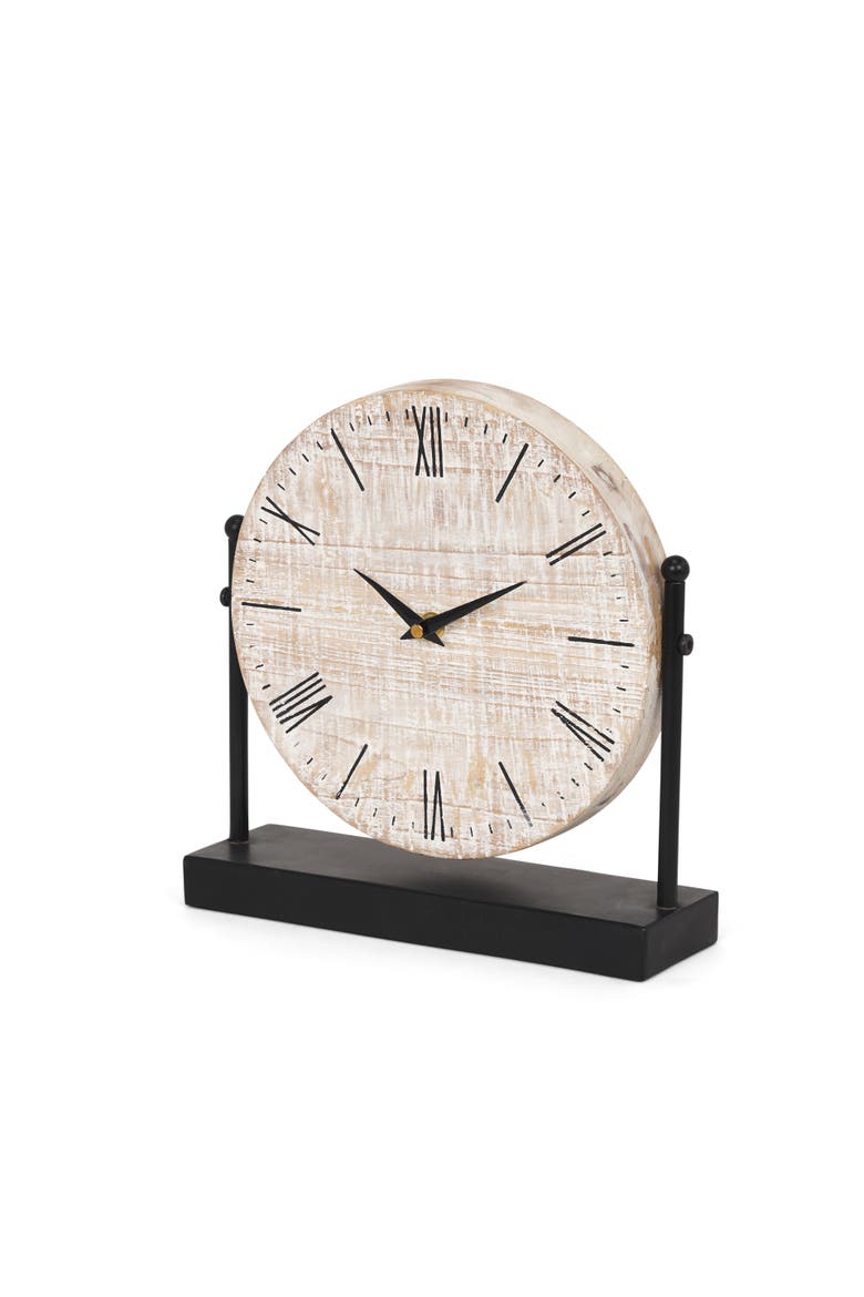 Raja Metal With Wood Table Clock, Main, color, Black