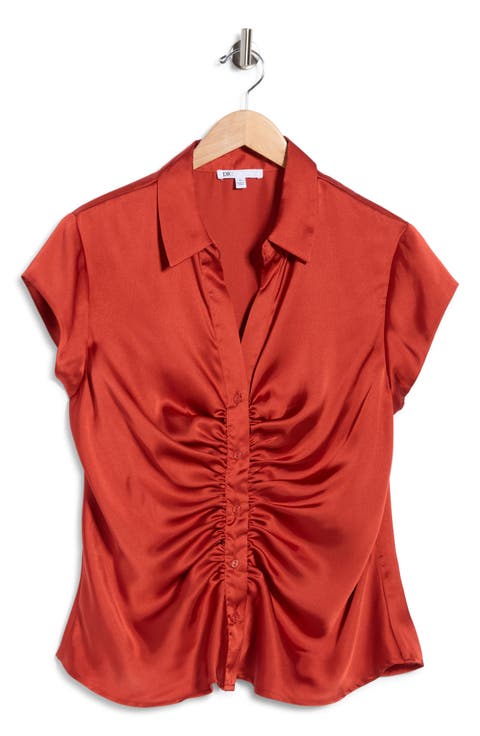 Ruched Satin Button-Front Cap Sleeve Blouse