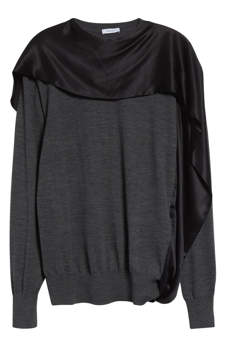 FERRAGAMO Satin Scarf Neck Virgin Wool Mélange Sweater, Alternate, color, Lead Grey Melange