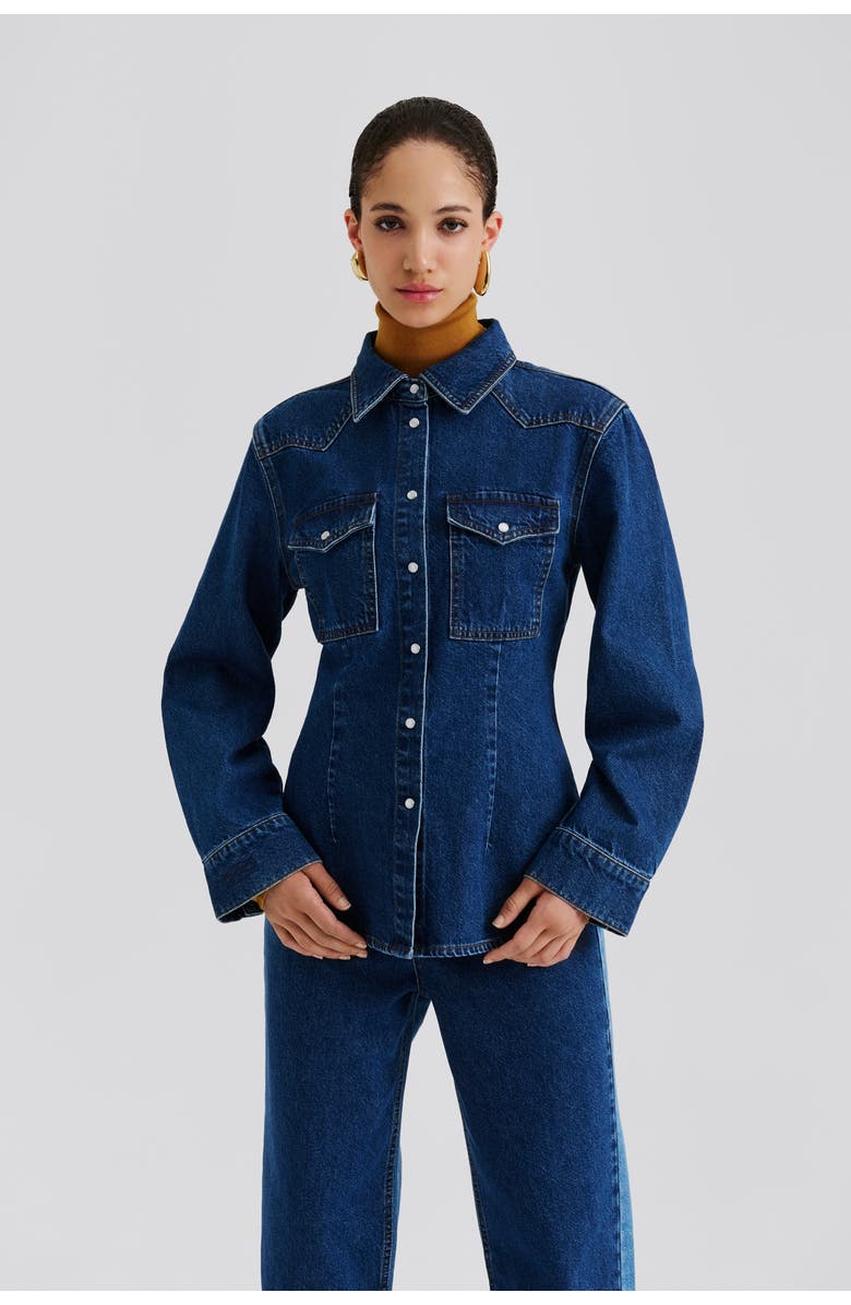 Malina Anthea Fitted Waist Denim Shirt, Main, color, Dark Blue Wash