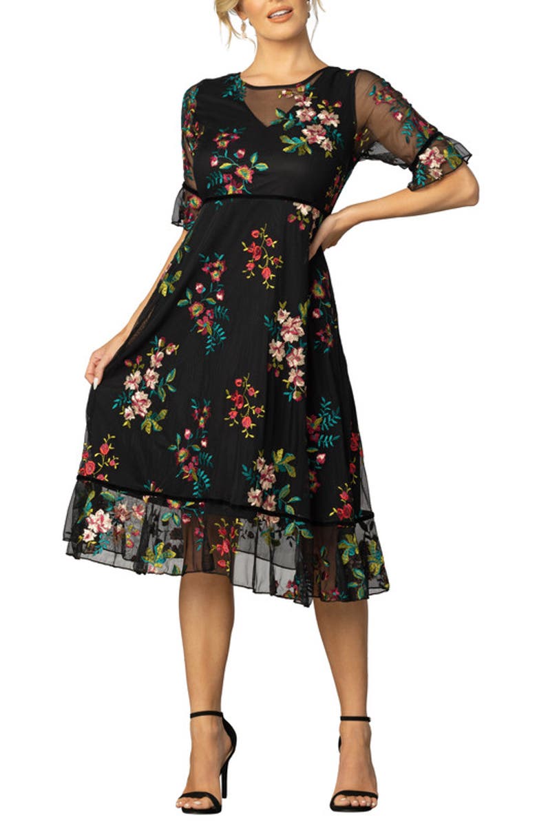 Kiyonna Wildflower Embroidered Cocktail Dress, Main, color, Onyx