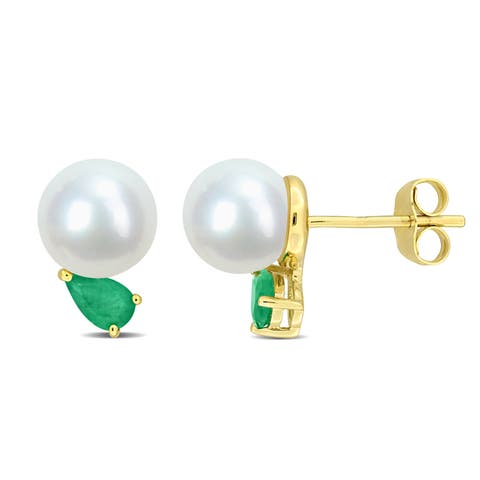Cultured Pearl & Emerald Stud Earrings 14k