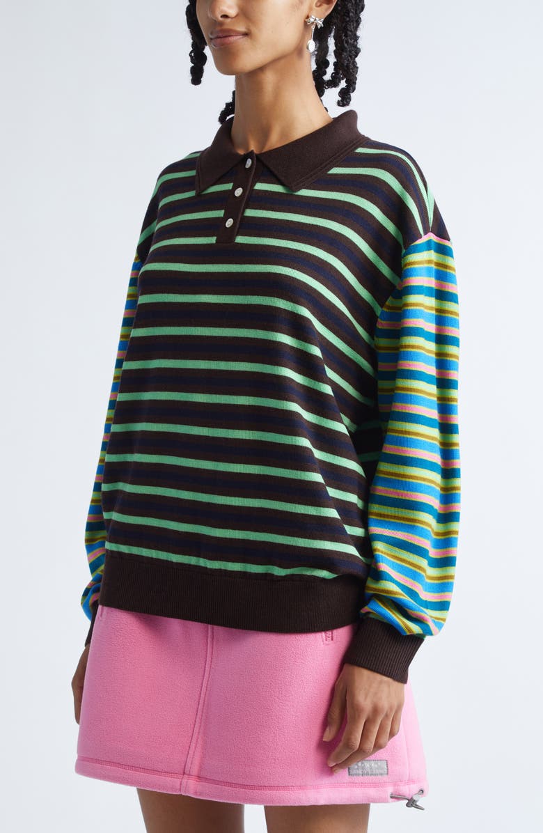 Sandy Liang Woods Mixed Stripe Merino Wool Polo Sweater, Alternate, color, Green Multi