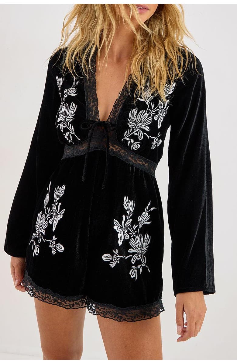 NASTY GAL Velvet Embroidered Lace Trim Romper, Alternate, color, Black