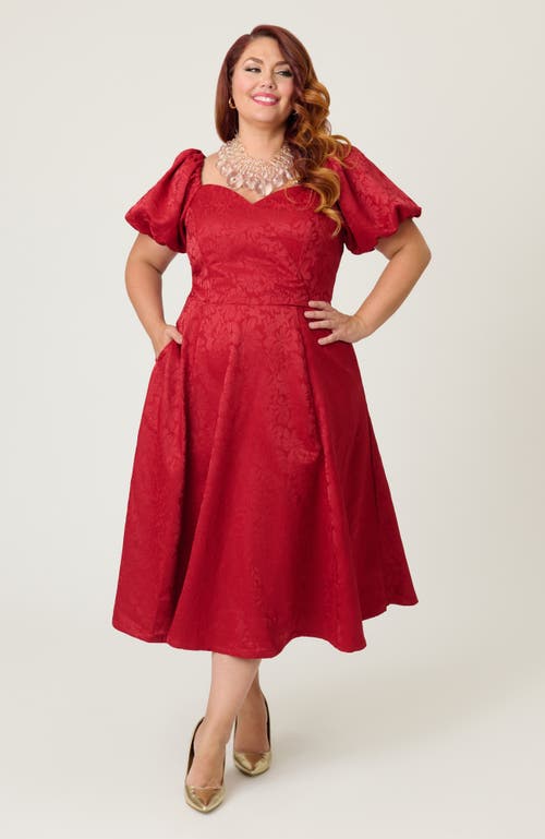 Unique Vintage Plus Size Jacquard Sweetheart Swing Dress In Burgundy
