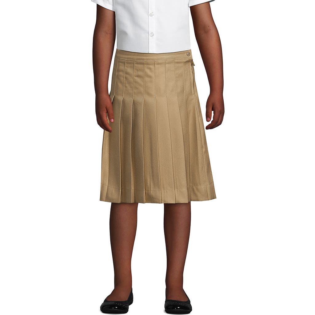 Lands' End School Uniform Girls Solid Pleated Skirt Below The Knee In Khaki