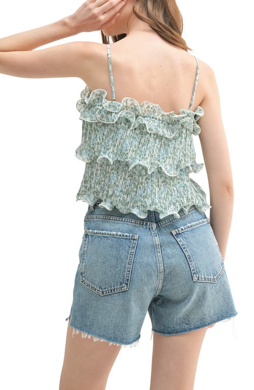 Lush Pleated Ruffle Tiered Crop Top In Blue Green
