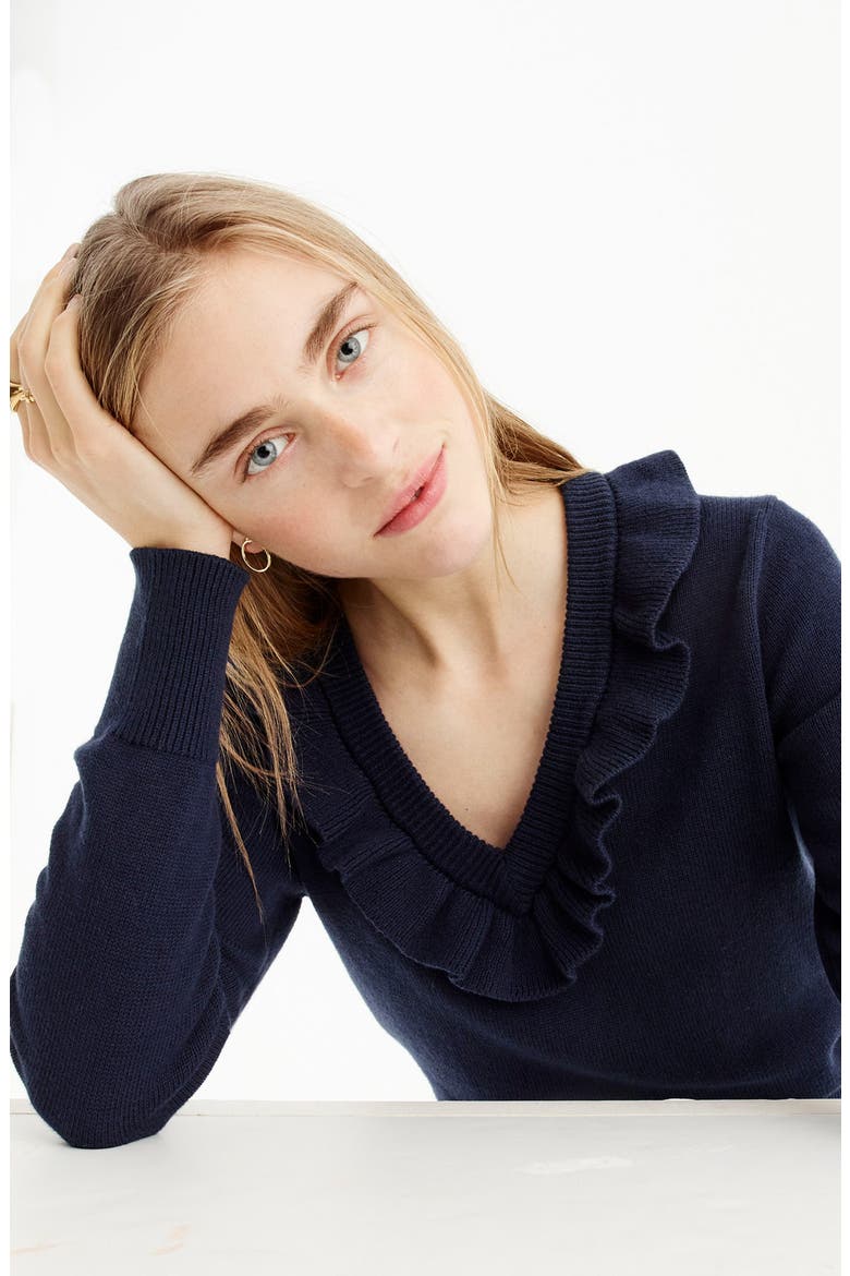 Ruffle V-Neck Sweater, Alternate, color, DEEP NAVY