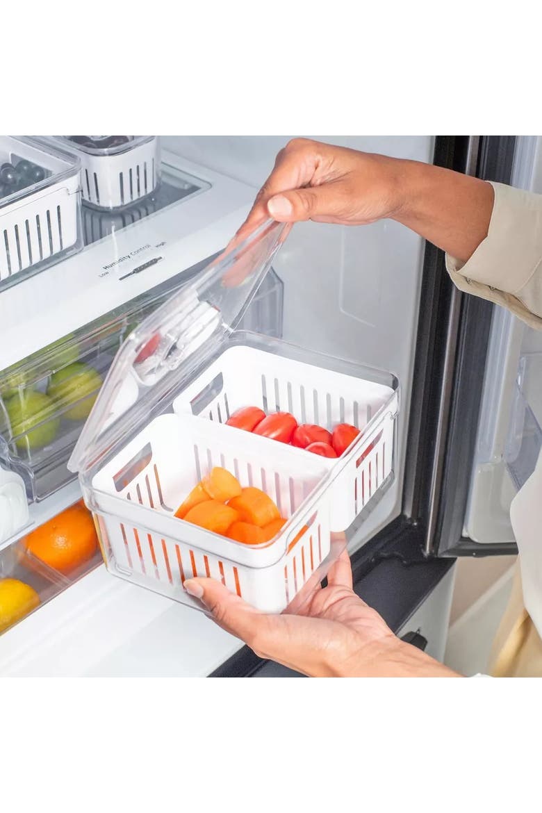 Clear Stackable Fridge Organizer Bin with Drain Basket and Vented Lid, 4 Pack, Alternate, color, Clear with White Drainer