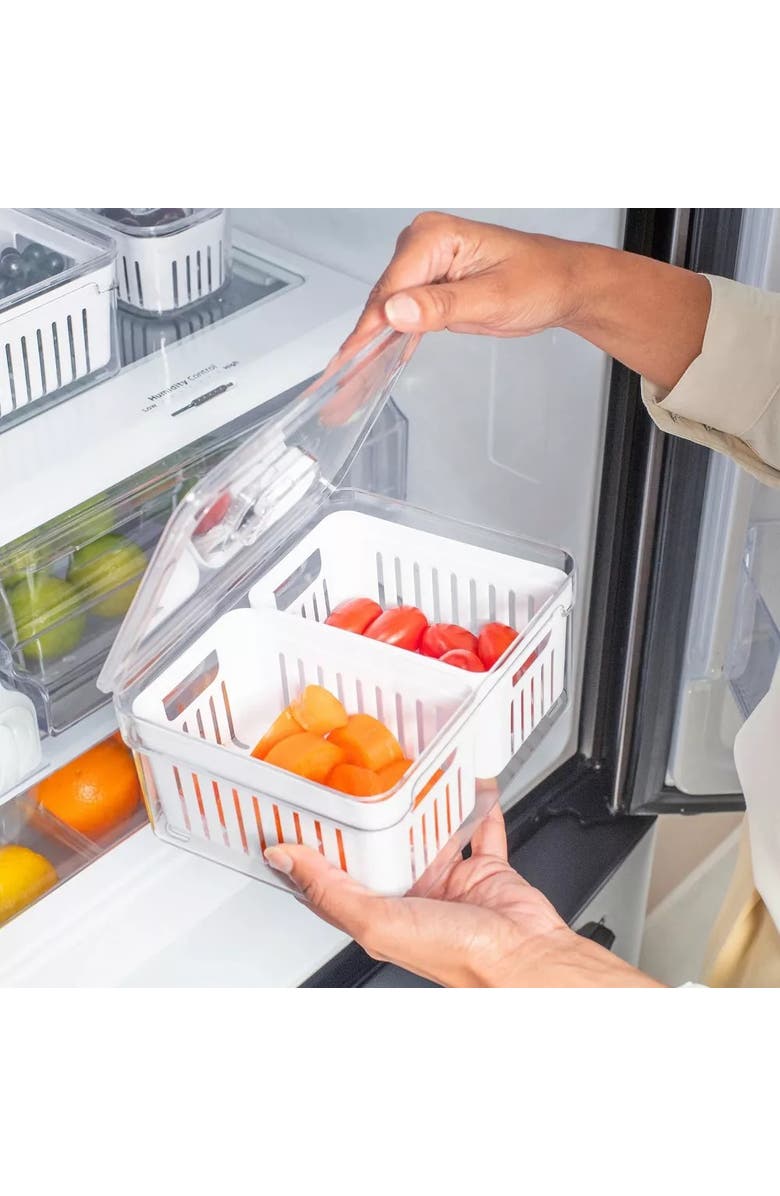 OU Clear Stackable Fridge Organizer Bin with Drain Basket and Vented Lid, 4 Pack, Alternate, color,