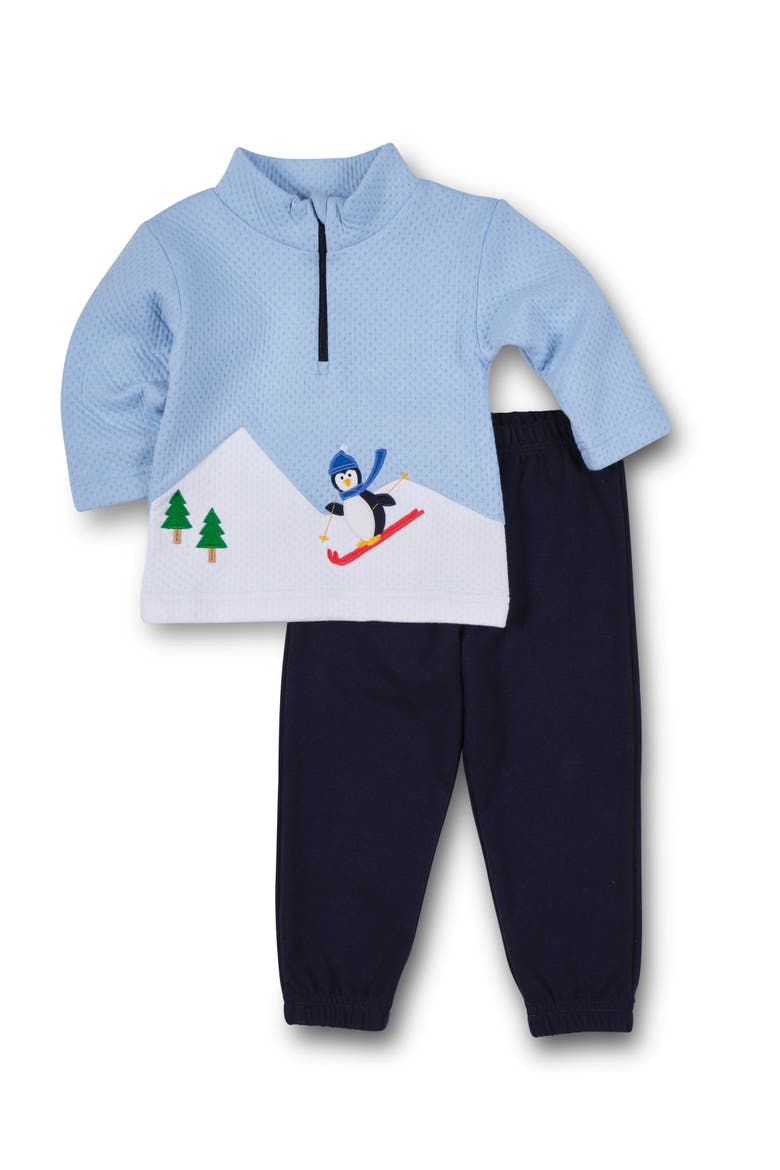 Jacquard Knit Half Zip With Skiing Penguin, Alternate, color, Light Blue, White