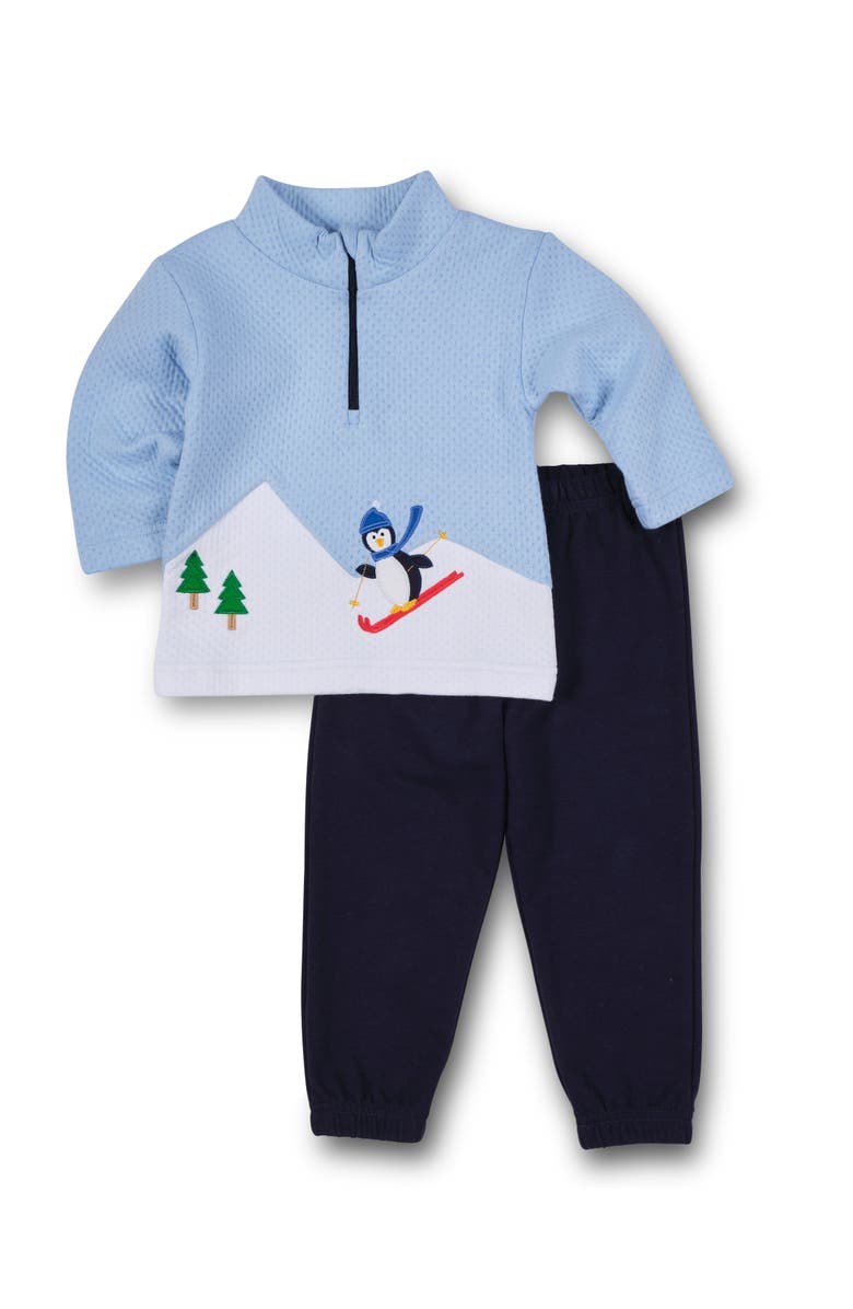 Florence Eiseman Jacquard Knit Half Zip With Skiing Penguin, Alternate, color, Light Blue, White