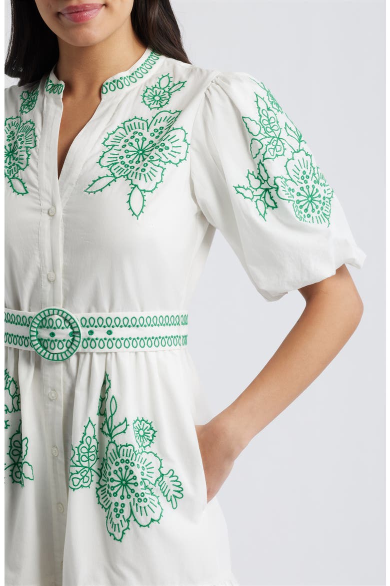 Embroidered Short Sleeve Cotton Shirtdress, Alternate, color, WHITE/ IVY GREEN