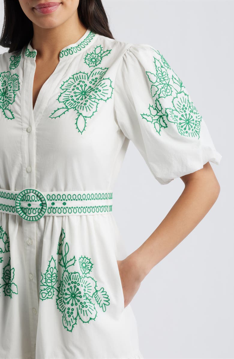 Eliza J Embroidered Short Sleeve Cotton Shirtdress, Alternate, color, White/ Ivy Green