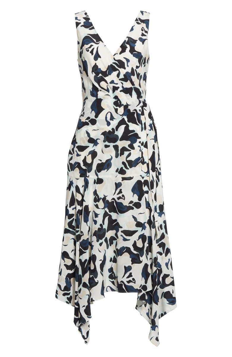 Club Monaco Abstract Print Faux Wrap Handkerchief Hem Silk Dress, Alternate, color, 