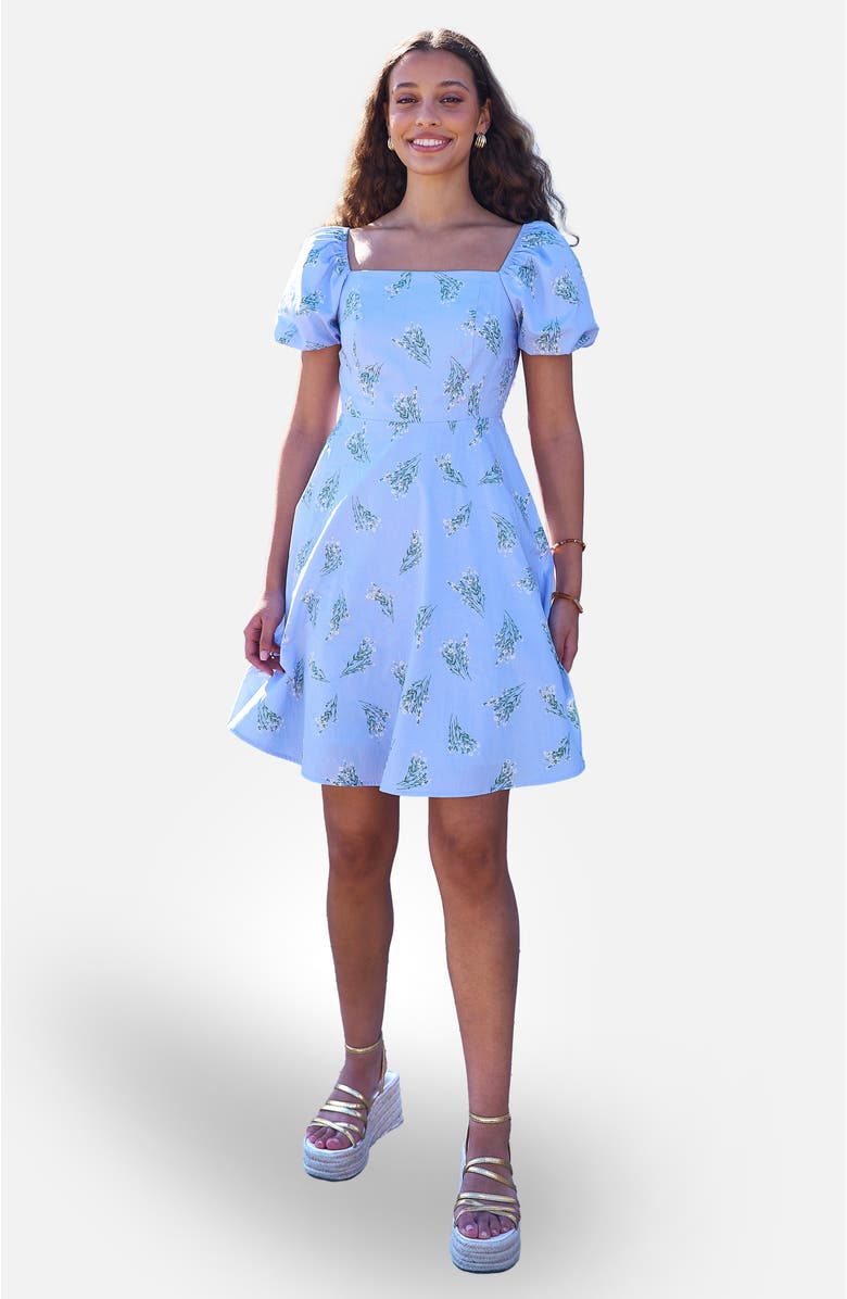Yumi Cotton Floral Puff Sleeve Skater Dress, Main, color, Blue