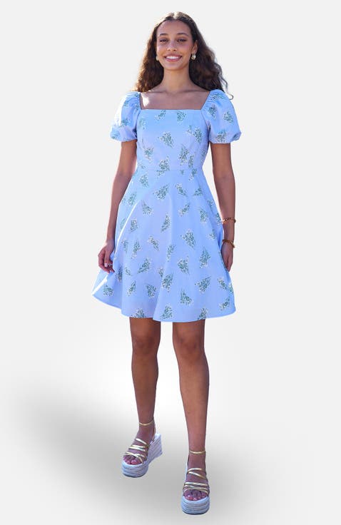 Cotton Floral Puff Sleeve Skater Dress