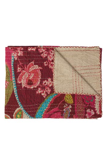 Taj Hotel Vintage Cotton Kantha Throw Blanket In Multi Red Floral