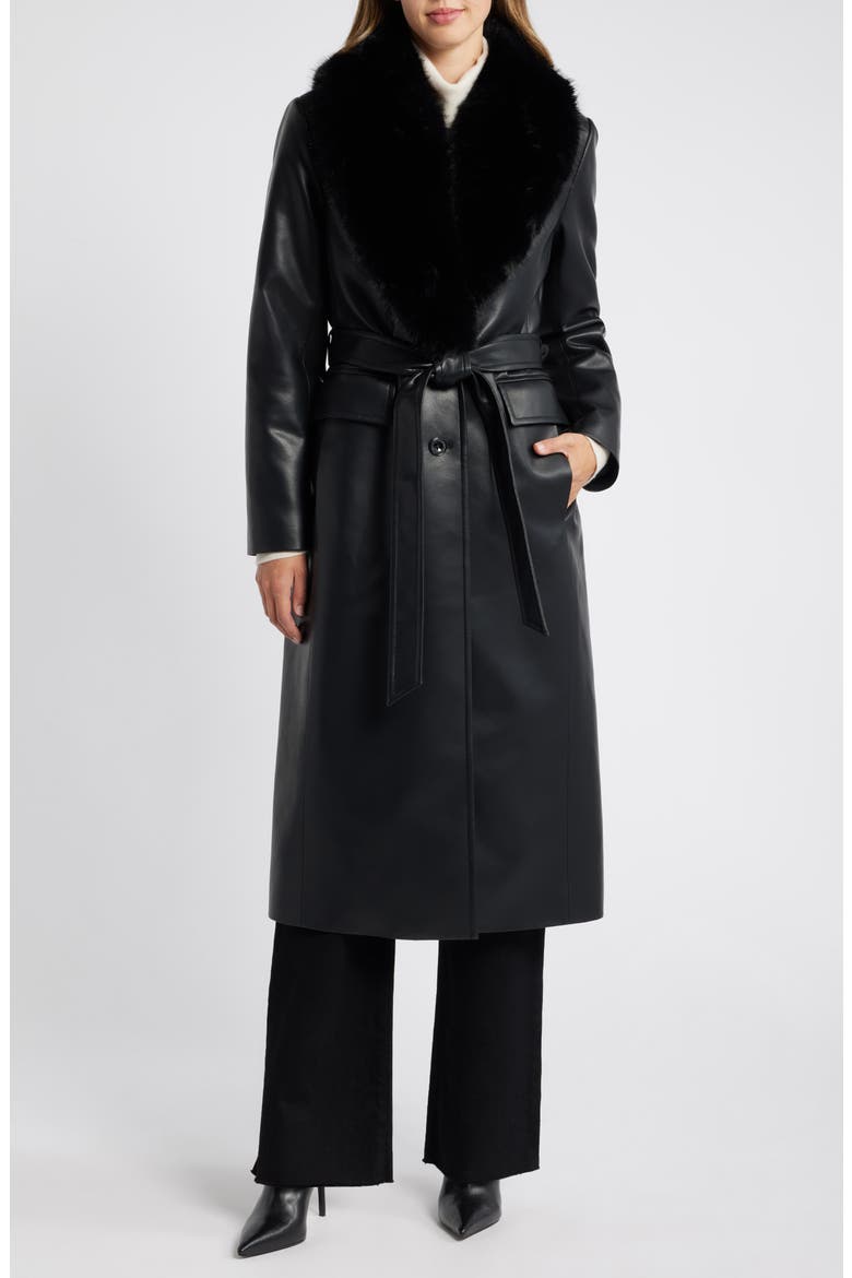 Belted Faux Leather Coat with Faux Fur Collar, Main, color, BLACK