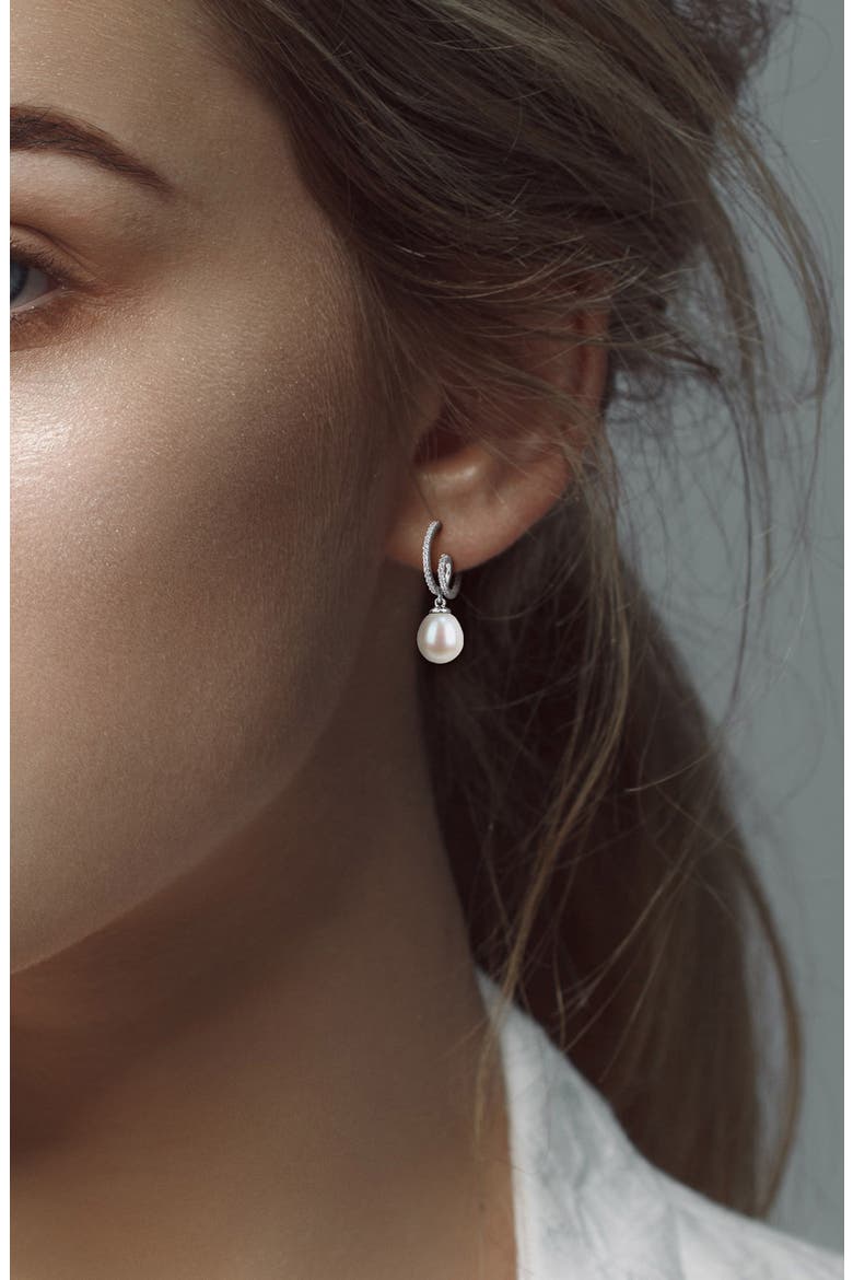 Created White Sapphire & Imitation Pearl J-Hoop Earrings, Alternate, color, WHITE GOLD