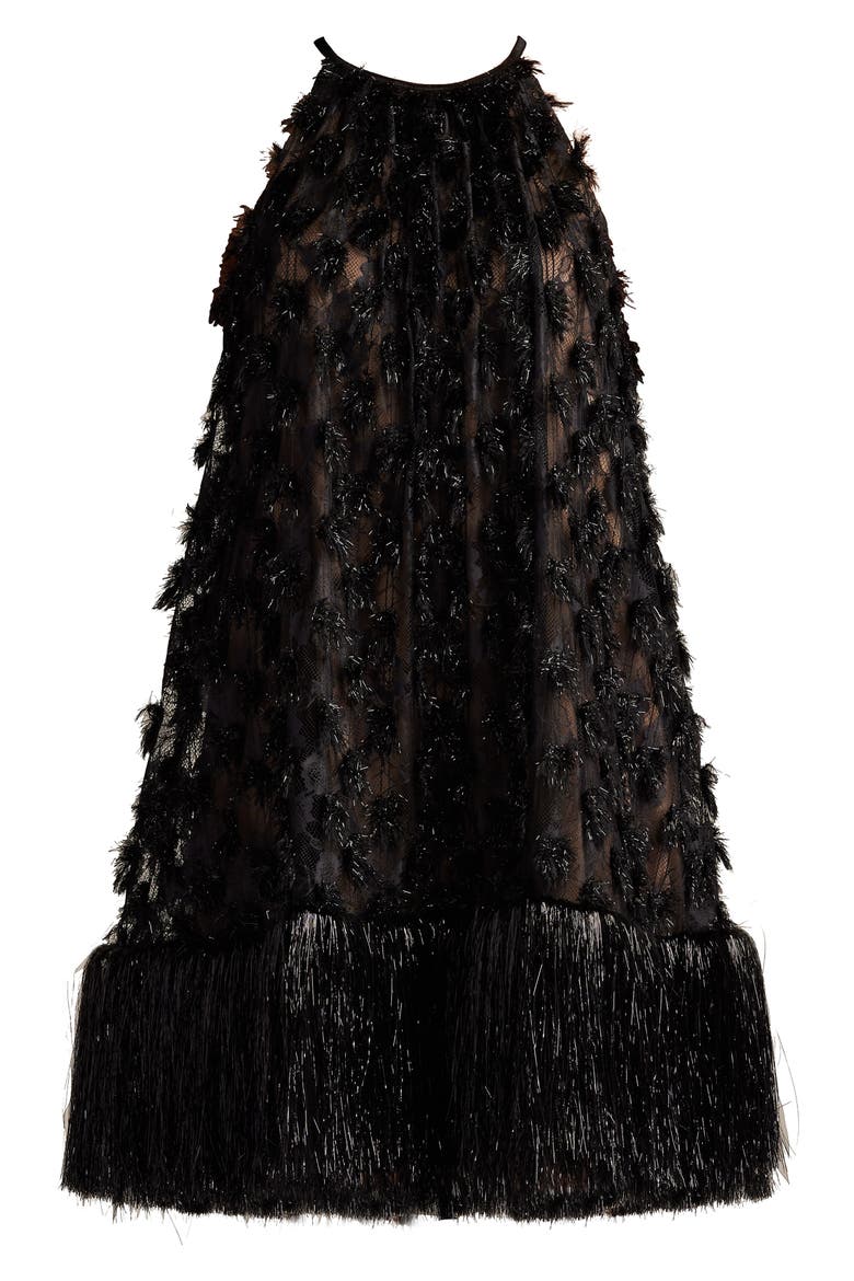 Metallic Fringe Sleeveless Trapeze Dress, Alternate, color, BLACK