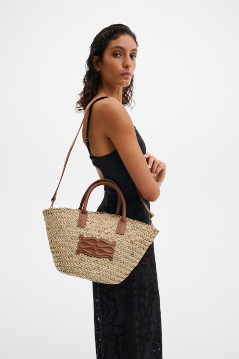 Small Leather Trimmed Straw Tote