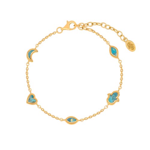 Karma And Luck Abundant Clarity Turquoise Multi-symbol Gold Bracelet