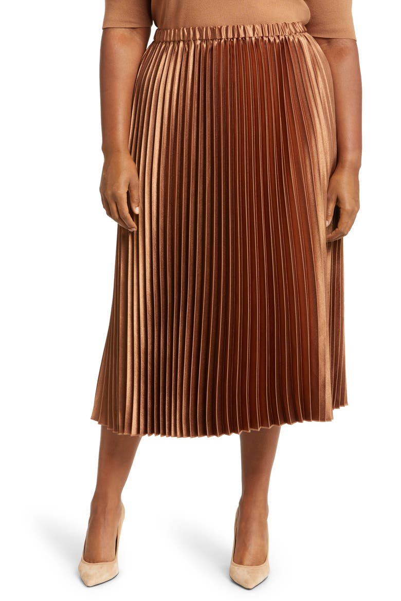 Pleated Satin Midi Skirt, Main, color, VICUNA