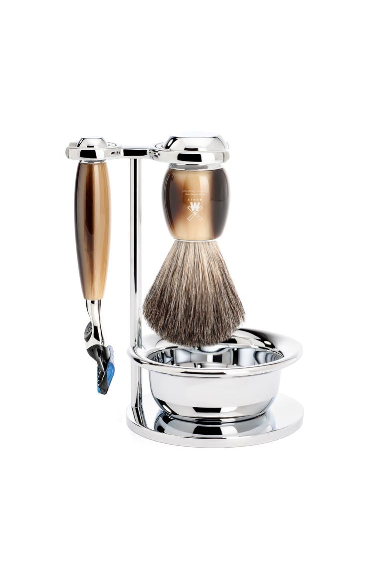 Vivo Brown Horn 4-Piece Pure Badger & Fusion Shaving Set, Main, color, Brown Horn
