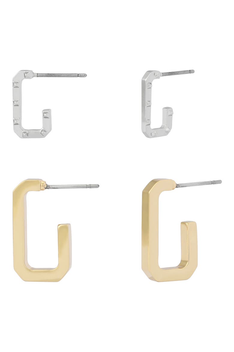 Set of 2 Hex Huggie Hoop Earrings, Main, color, TWO TONE SHINY
