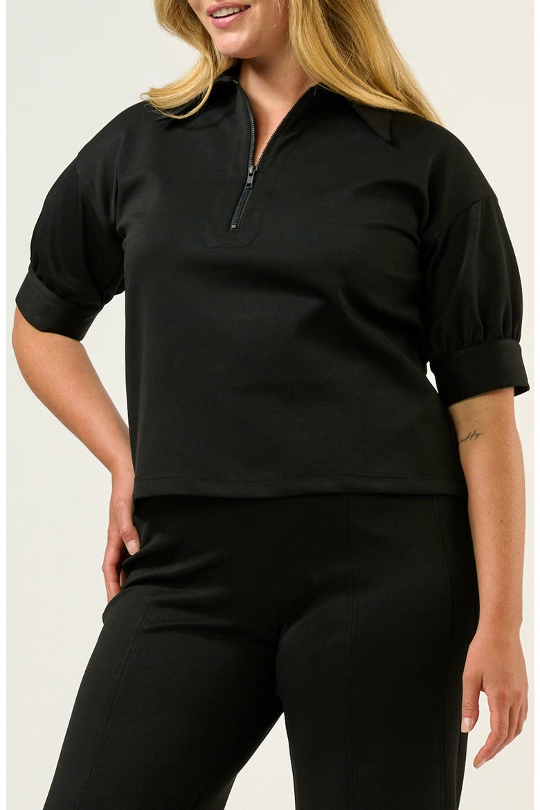 Jolene Puff Sleeve Half Zip Top, Alternate, color, BLACK