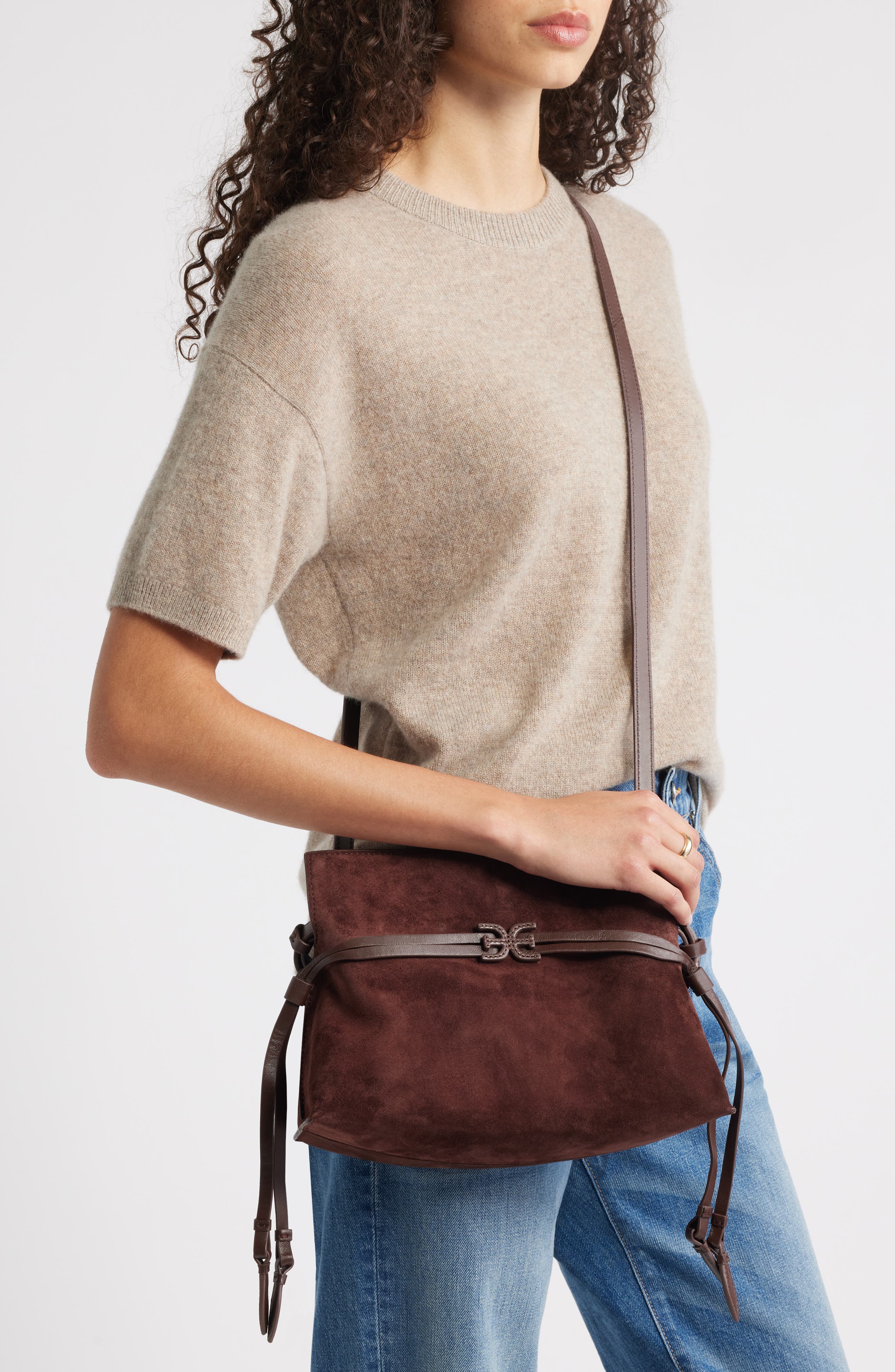 Small Poppy Drawstring Leather Crossbody Bag, Alternate, color, DARK BROWN