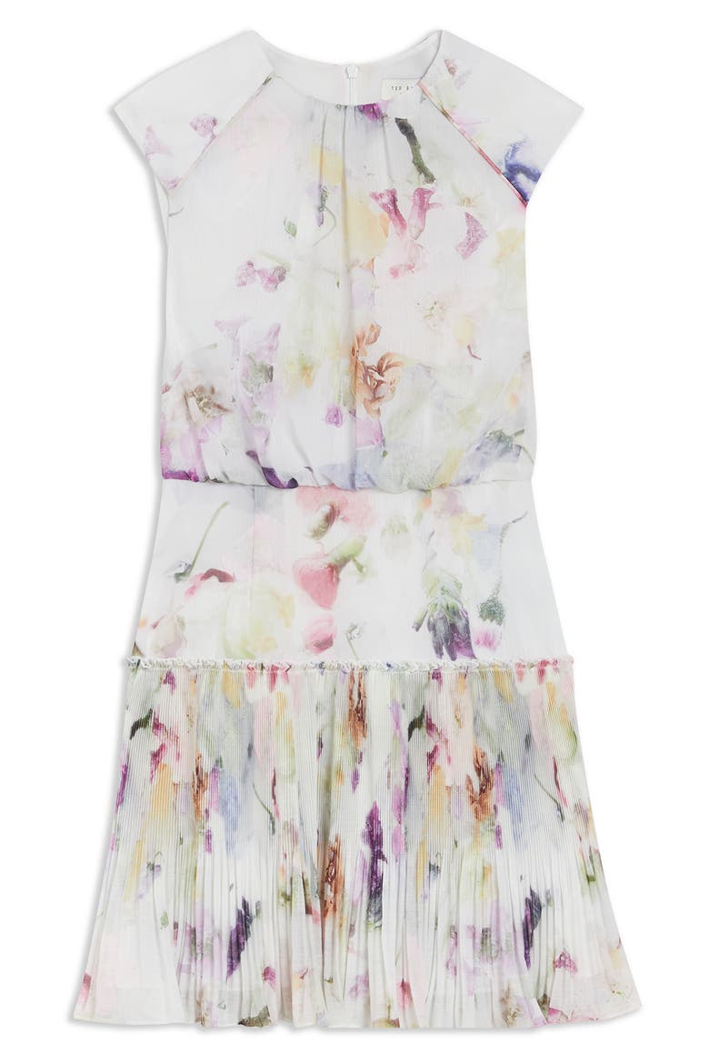 Saintly Floral Sleeveless Plissé Minidress, Alternate, color, WHITE