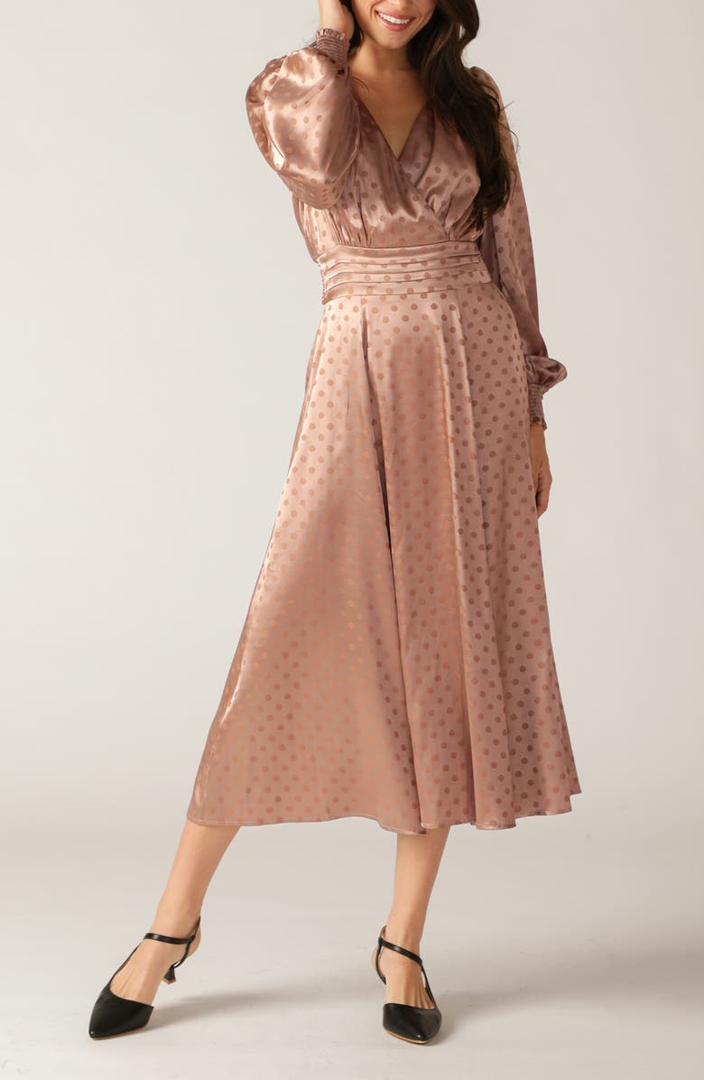 FLYING TOMATO Polka Dot Long Sleeve Satin Midi Dress, Alternate, color, Mocha