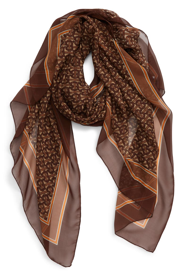 TB Monogram Mulberry Silk Chiffon Scarf, Main, color, BRIDLE BROWN