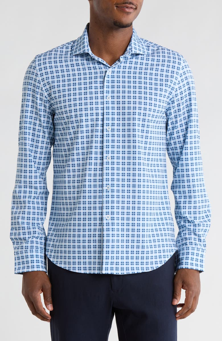 DENIM AND FLOWER Plaid Stretch Button-Up Shirt, Main, color, White/ Blue