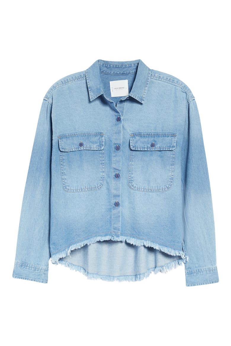 Raw High-Low Crop Cotton Denim Shirt, Alternate, color, DENIM