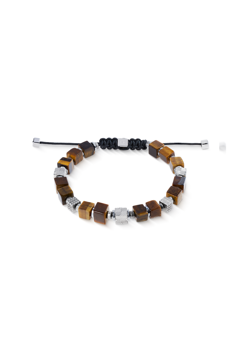 Tiger Eye Cubes Bracelet With Graphic Relief Stainless Steel Cubes And Adjustable Textile Closure, Main, color, Silver
